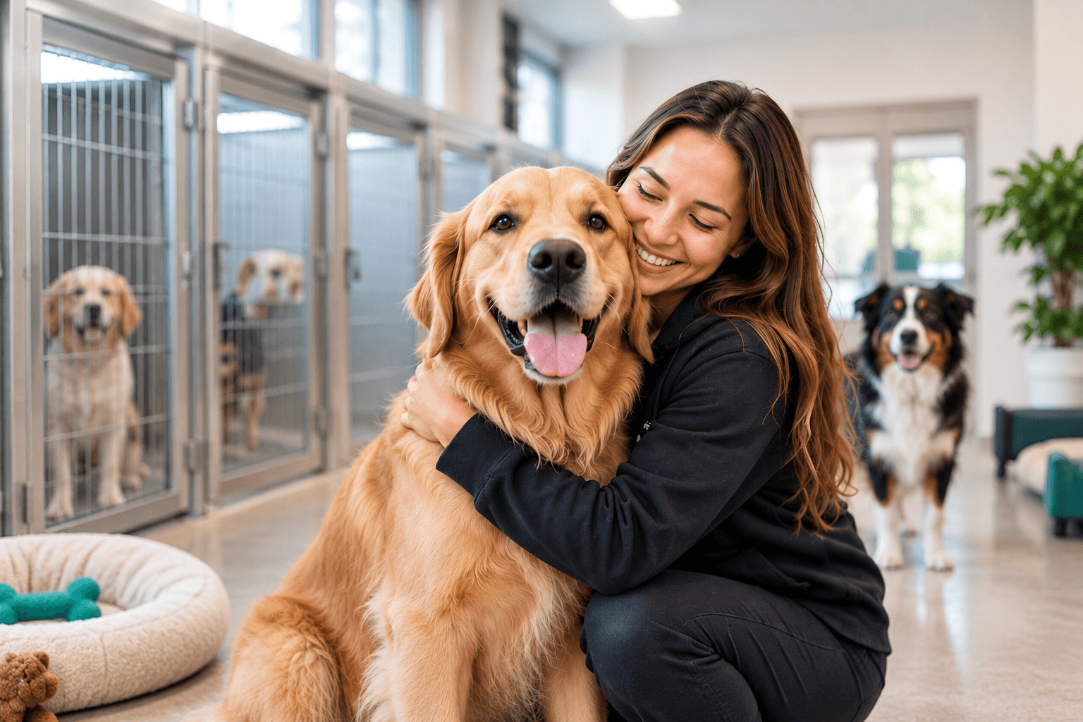 Boarding staff hugging a golden retriever in a kennel facility