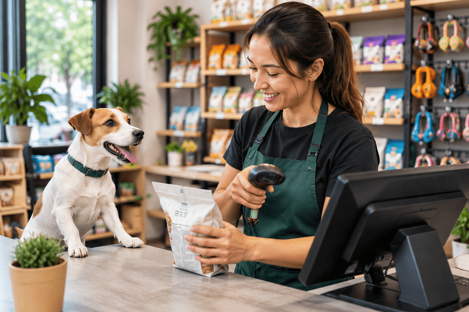 Pet shop owner scanning dog food at checkout