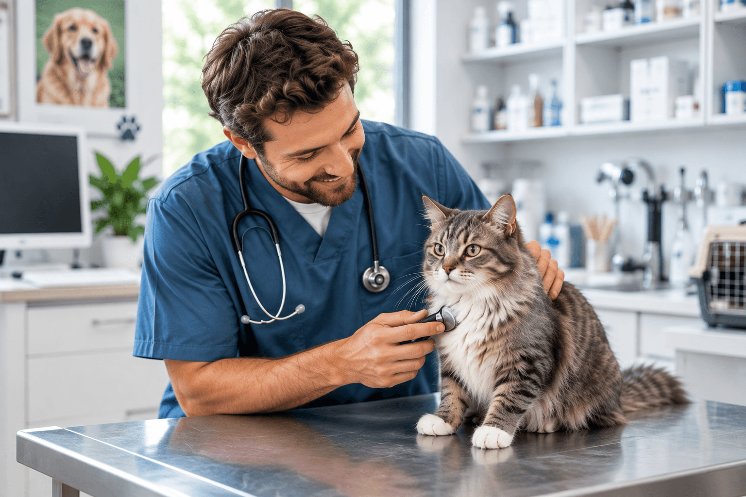 Veterinarian examining a tabby cat with a stethoscope